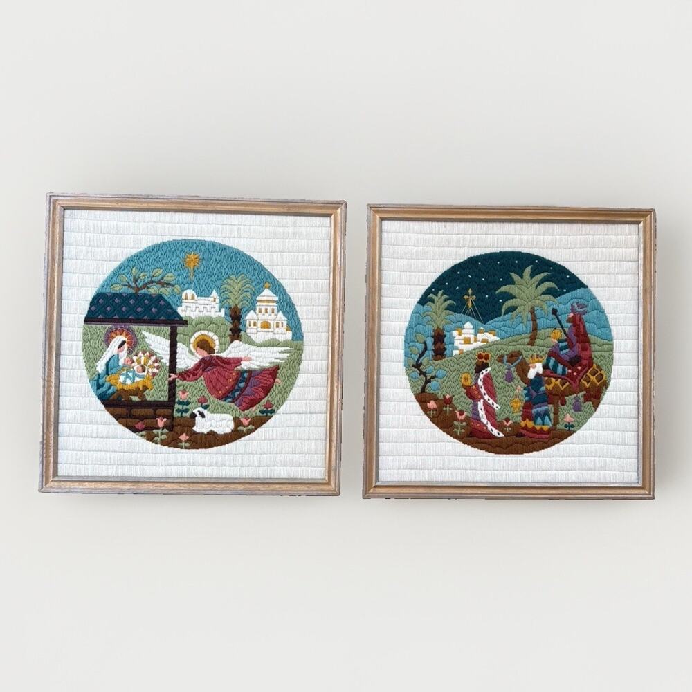 ⁠Vtg Nativity Crewel Needlepoint Framed Art Pair Three Wise Men Christmas 20